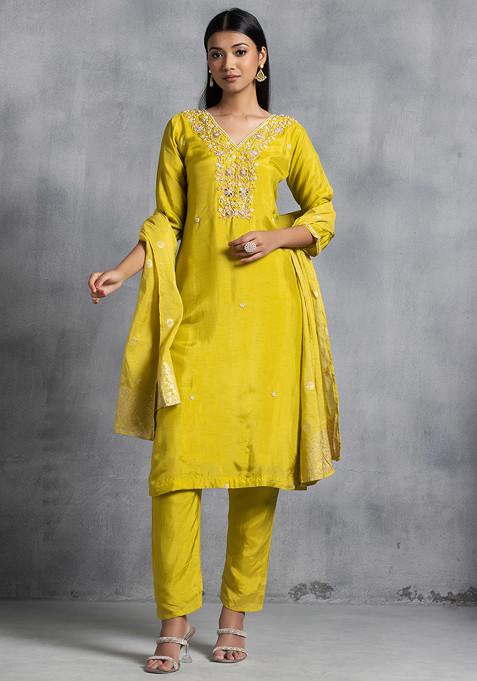 Yellow Sequin Bead Hand Embroidered Kurta Set With Pants And Embellished Dupatta