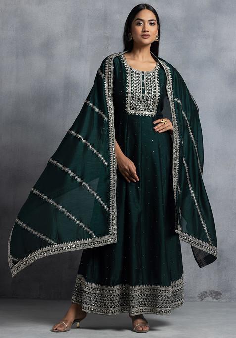 Green Zari Embroidered Silk Anarkali Kurta With Embroidered Dupatta