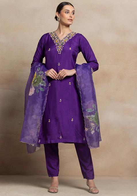 Purple Hand Embroidered Silk Kurta Set With Pants And Printed Mesh Dupatta