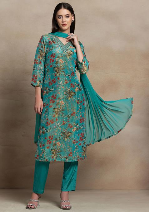 Turquoise Floral Print Hand Embellished Organza Kurta Set With Pants And Dupatta