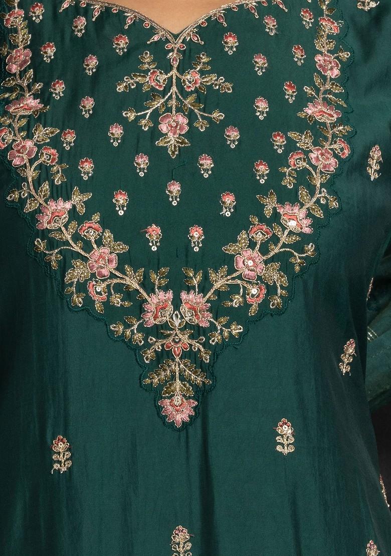 Green Floral Zari Embroidered Kurta Set With Pants And Brocade Dupatta - Indya
