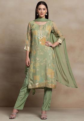 Pastel Green Hand Embellished Printed Organza Kurta Set With Pants And Dupatta
