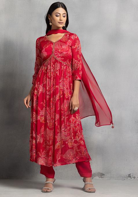 Red Floral Print Mirror Embellished Kurta Set With Pants And Dupatta