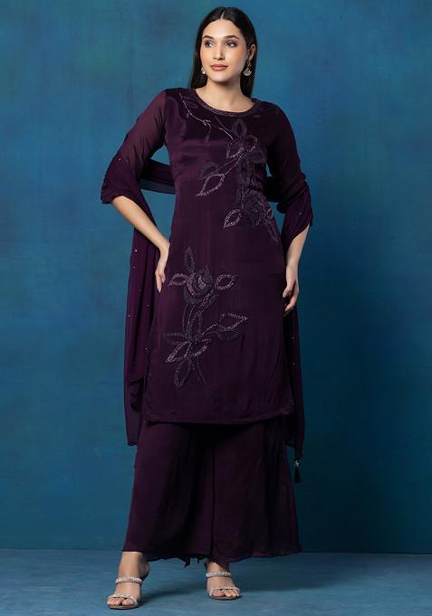 Purple Abstract Sequin Embellished Kurta Set With Pants And Dupatta