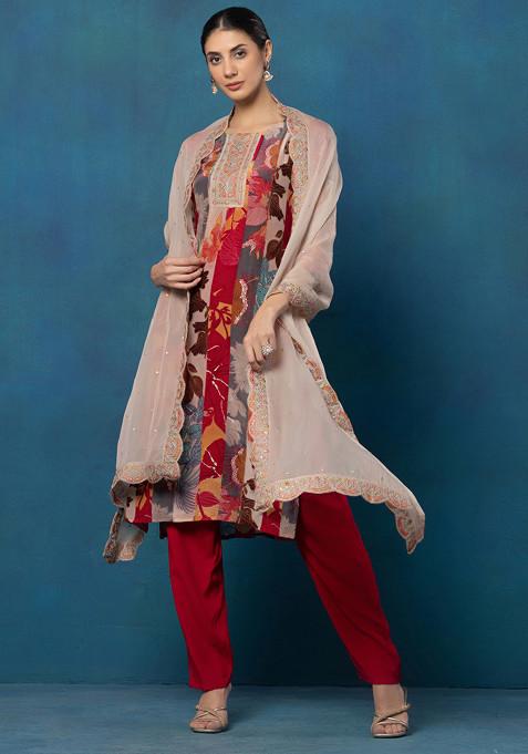 Multicolour Floral Print Kurta Set With Pink Pants And Embellished Dupatta