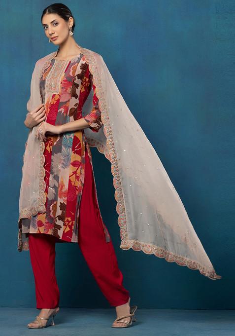 Cream Multi Printed Kurta Set With Pants & Solid Pink Dupatta