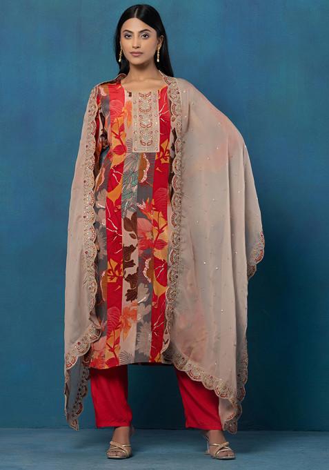 Multicolour Floral Print Kurta Set With Red Pants And Embellished Dupatta