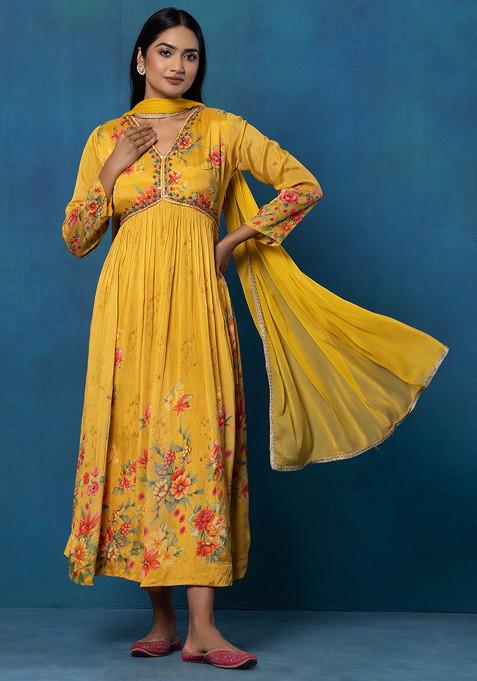 Yellow Floral Print Anarkali With Dupatta