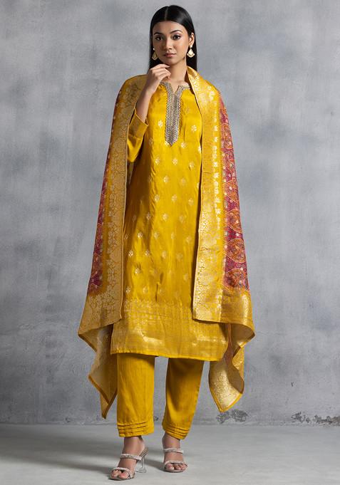 Mustard Yellow Floral Embellished Kurta Set With Pants And Brocade Dupatta