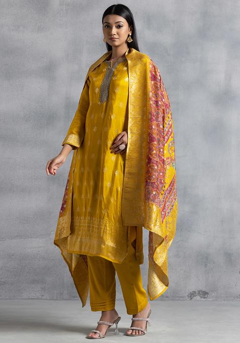 MUSTARD YELLOW FLORAL COTTON CO-ORDS SET A-LINE KURTA & PANTS | SUMMER ETHNIC OUTFIT FOR WOMEN