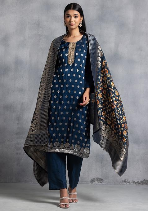 Teal Blue Hand Embroidered Kurta Set With Pants And Floral Print Brocade Dupatta