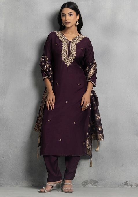 Wine Floral Sequin Bead Embellished Kurta Set With Pants And Brocade Dupatta