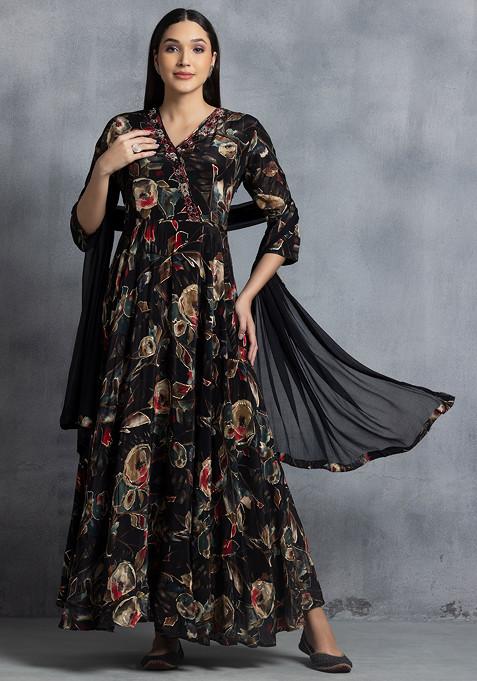 Black Floral Print Sequin Hand Embellished Anarkali With Dupatta