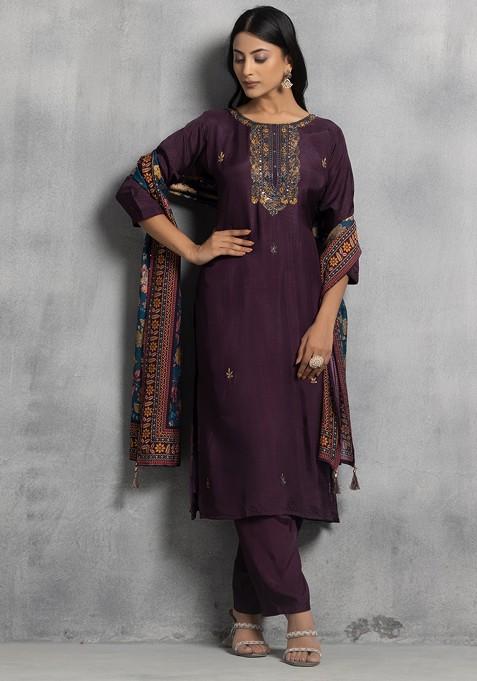 Purple Hand Embroidered Silk Kurta Set With Pants And Printed Dupatta