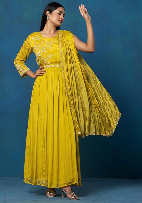 Yellow Sequin Bead Hand Embellished Anarkali Kurta With Attached Dupatta And Belt