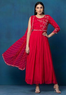 Rani Pink Sequin Bead Hand Embellished Anarkali Kurta With Attached Dupatta And Belt