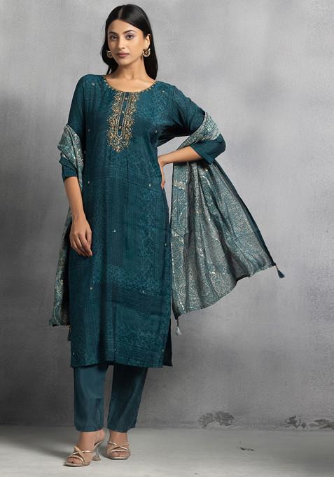 Teal Blue Hand Embroidered Printed Kurta Set With Pants And Dupatta