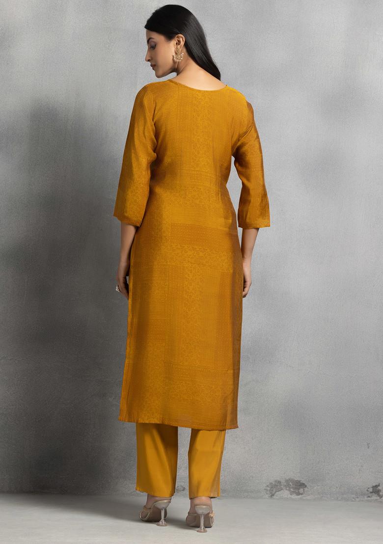 Mustard Hand Embroidered Printed Kurta Set With Pants And Dupatta - Indya