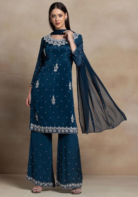 Teal Blue Sequin Bead Hand Embroidered Kurta Set With Embellished Palazzo And Dupatta