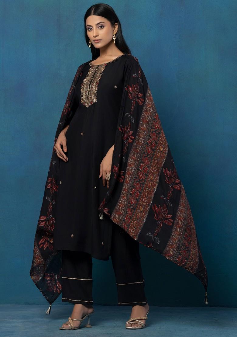 Black Floral Mirror Hand Embroidered Kurta Set With Pants And Dupatta - Indya
