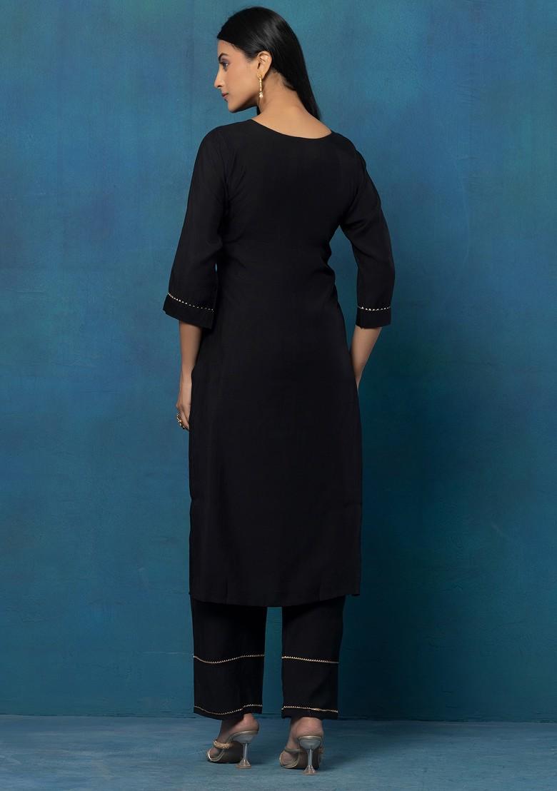 Black Floral Mirror Hand Embroidered Kurta Set With Pants And Dupatta - Indya