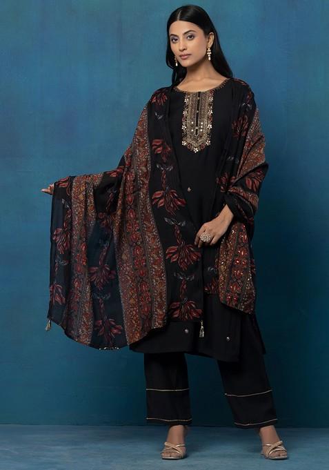 Black Floral Mirror Hand Embroidered Kurta Set With Pants And Dupatta