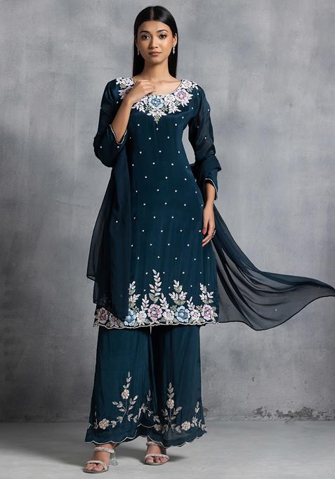 Teal Blue Sequin Bead Hand Embellished Kurta Set With Embellished Palazzo And Dupatta