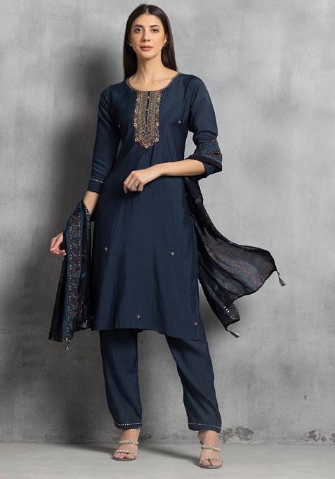 Blue Floral Mirror Hand Embroidered Kurta Set With Pants And Dupatta