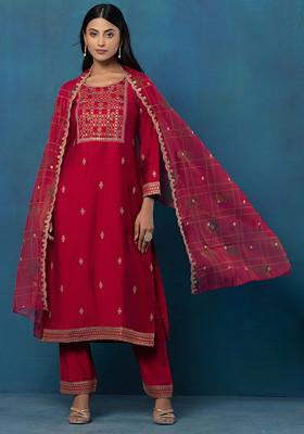 Dark Pink Floral Zari Sequin Embroidered Kurta Set With Pants And Printed Dupatta