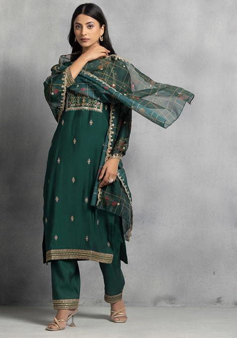 Green Floral Zari Sequin Embroidered Kurta Set With Pants And Printed Dupatta