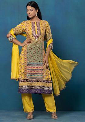 Yellow Floral Print Mirror Embellished Kurta Set With Pants And Dupatta