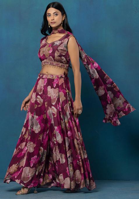 Maroon Floral Print Satin Sharara Set With Sequin Embellished Blouse And Dupatta
