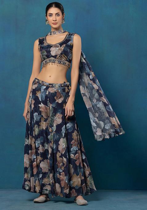 Blue Floral Print Satin Sharara Set With Sequin Embellished Blouse And Dupatta