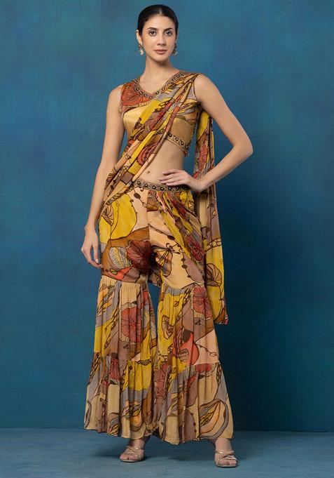 Yellow Abstract Floral Print Sharara Set With Embellished Blouse And Dupatta