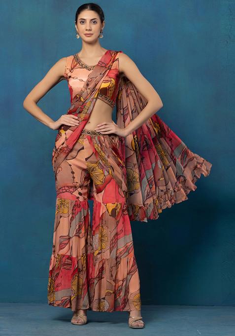 Pink Abstract Floral Print Sharara Set With Embellished Blouse And Dupatta