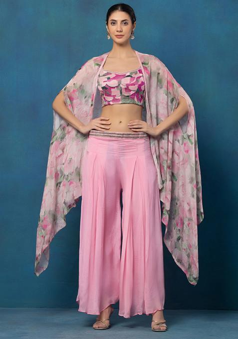 Pink Floral Print Jacket Set With Sequin Embellished Blouse And Sharara