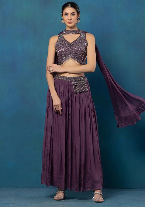Purple Sharara Set With Abstract Sequin Embellished Blouse And Dupatta