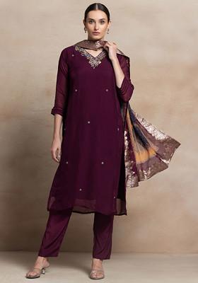 Purple Bead Mirror Embellished Organza Kurta Set With Pants And Brocade Dupatta