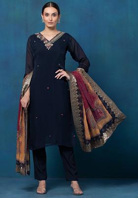 Navy Blue Bead Mirror Embellished Organza Kurta Set With Pants And Brocade Dupatta