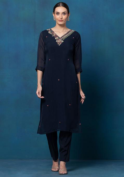 Leher Viscose Glass Organza Luxe Navy Kurta Set