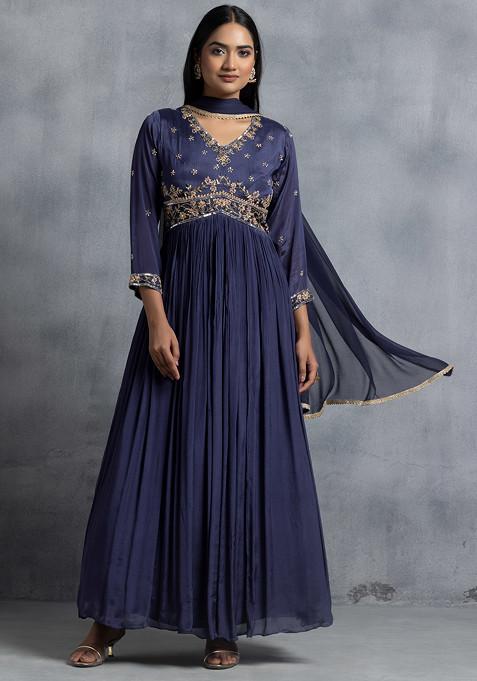 Purple Sequin And Mirror Embellished Anarkali With Dupatta