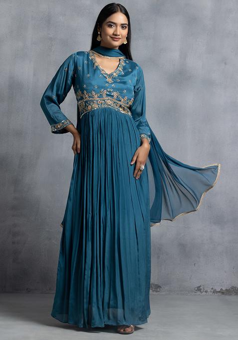 Sea Blue Sequin And Mirror Embellished Anarkali With Dupatta