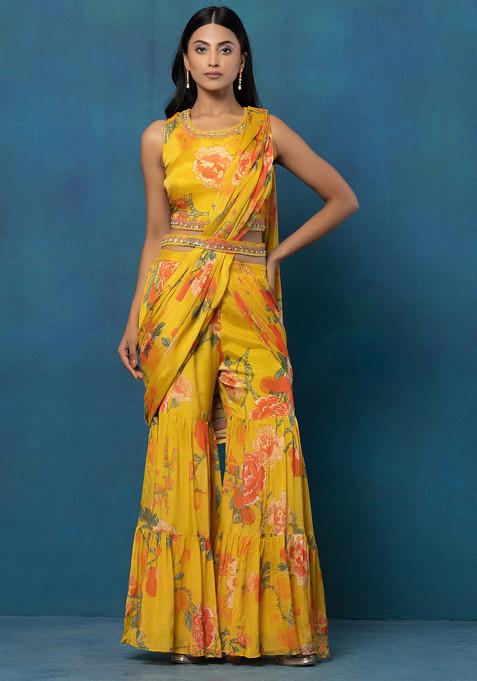 Yellow Floral Print Sharara Set With Bead Embellished Blouse And Attached Dupatta
