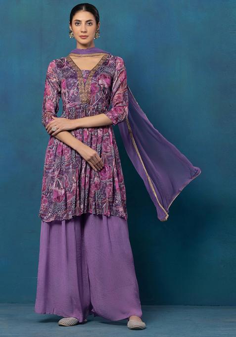 Purple Floral Print Embellished Kurta Set With Sharara And Dupatta