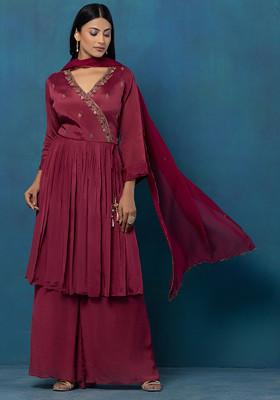 Maroon Bead Hand Embroidered Kurta Set With Palazzo And Dupatta