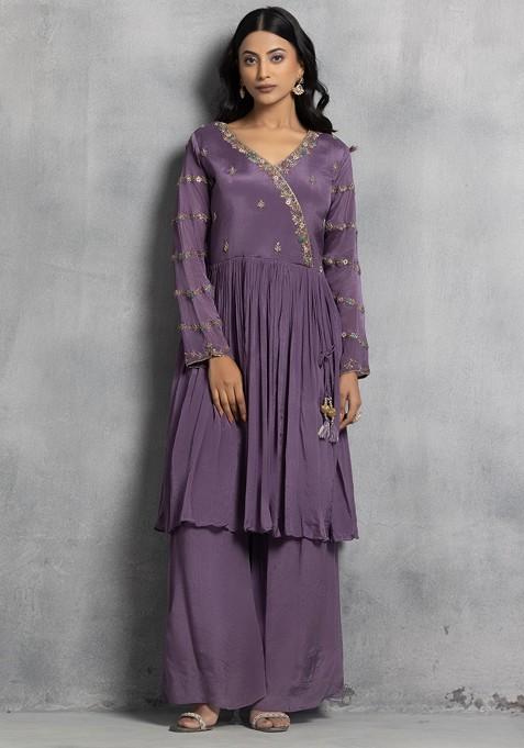 Lavender Embroidered Cotton Kurta Set with Dupatta for Women main image 1