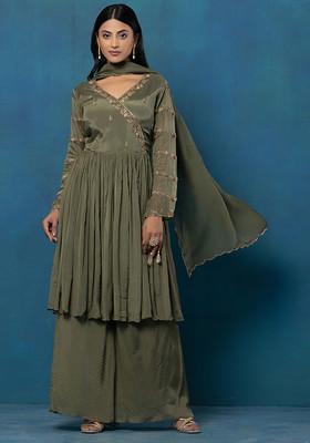 Pastel Green Bead Hand Embroidered Kurta Set With Palazzo And Dupatta