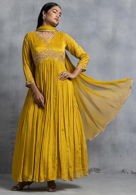 Yellow Sequin And Mirror Embellished Anarkali With Dupatta