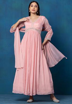 Peach Sequin Mirror And Bead Embellished Anarkali With Dupatta