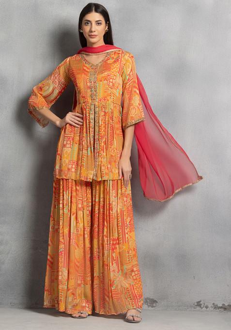 Orange Abstract Floral Print Embellished Kurta Set With Printed Sharara And Dupatta